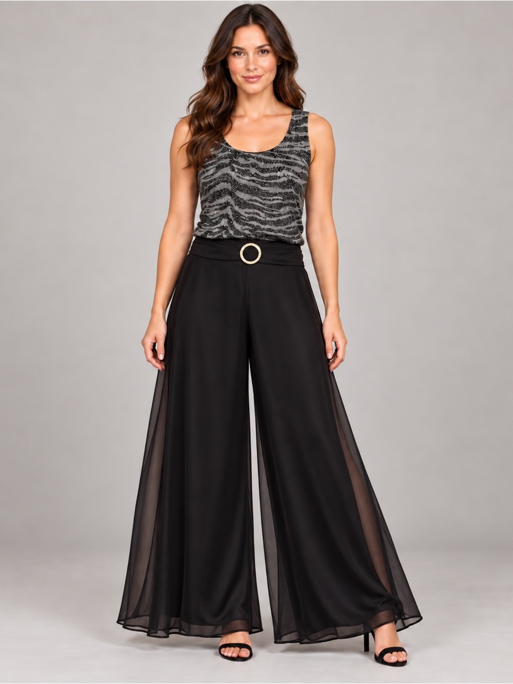 Black silver zebra shimmer tank & rhinestone buckle waist chiffon palazzo set